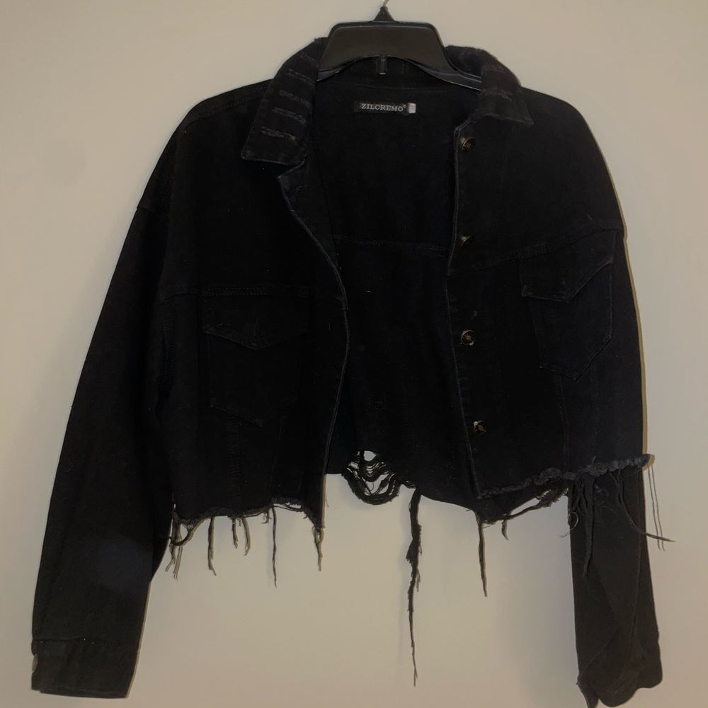 Black distressed denim jacket - barely worn!